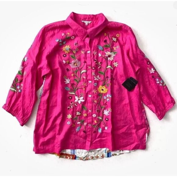 John Mark Nwt Embroidered Floral Point Collar 3/4 Sleeve Button Front Tunic L - Picture 3 of 6